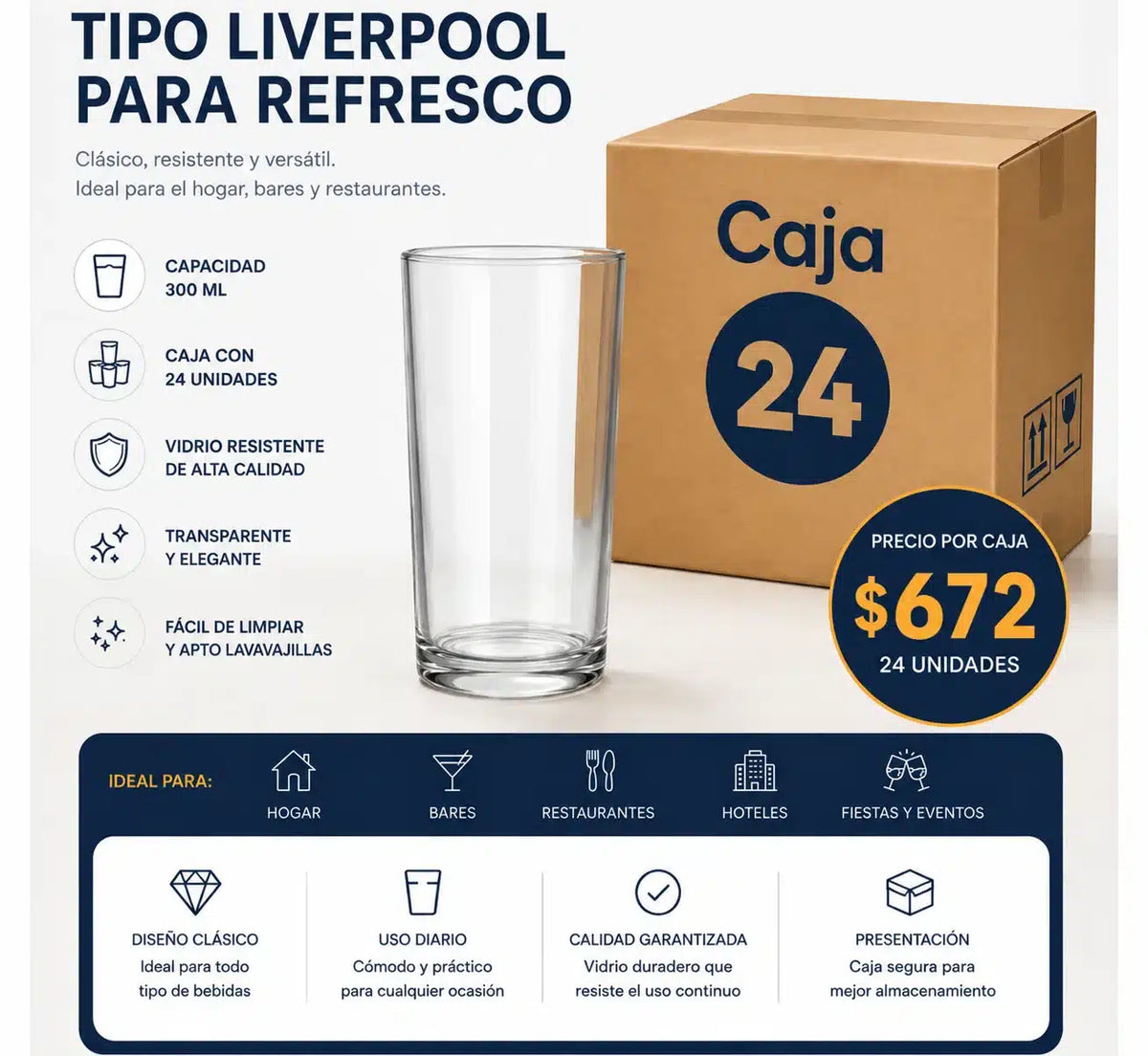 Caja x 24 Vasos Liverpool 300 ml de Vidrio | Vasos para Refresco y Gastronomía