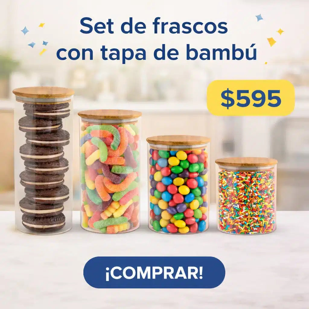 SET FRACOS HERMÉTICOS VIDRIO CON TAPA BAMBÚ X 4 COCINA Y ALMACENAMIENTO 