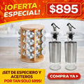 Set Especiero Giratorio con Frascos + Aceiteros de Vidrio y Acero Inoxidable