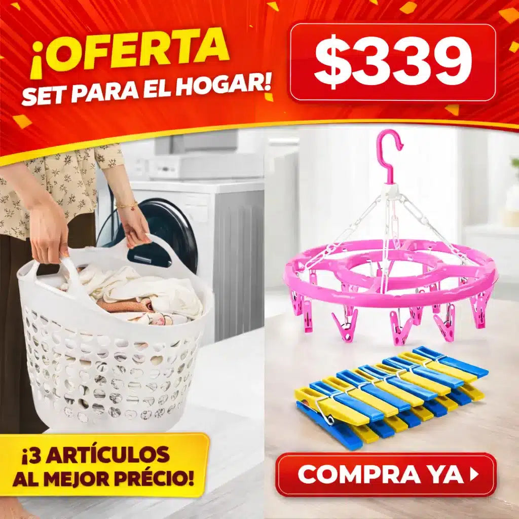 SET PARA EL HOGAR CANASTO DE ROPA + COLGADOR CIRCULAR+ PALILLOS PACK COMPLETO 