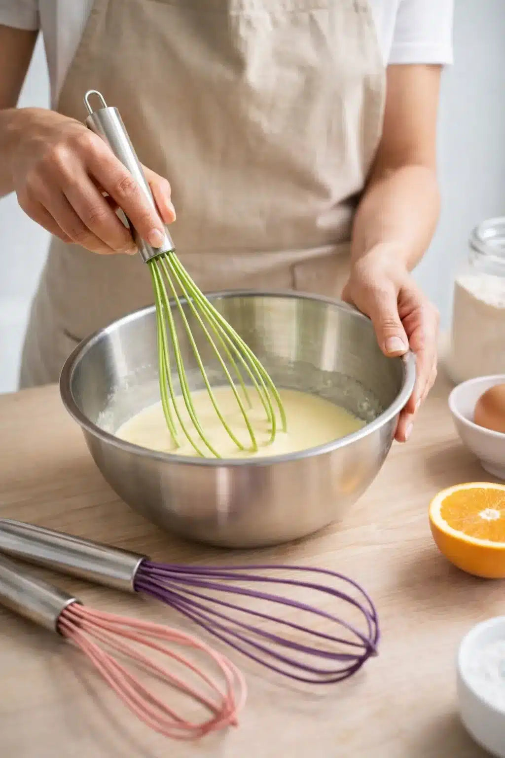 BATIDOR MANUAL COCINA ACERO INOXIDABLE CON SILICONA COLORES 29 CM