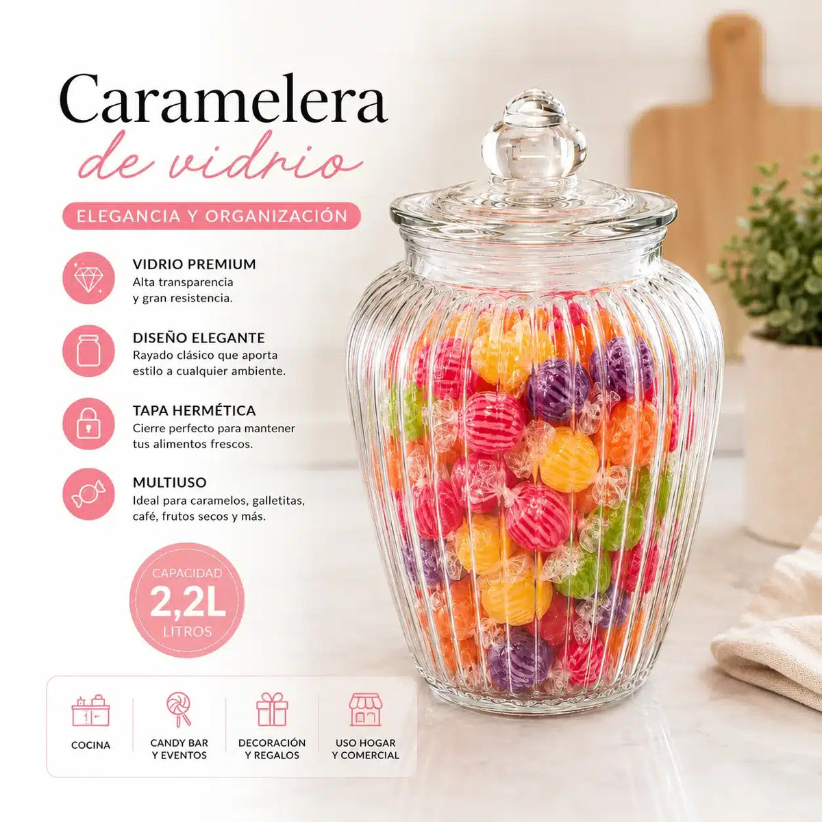 BOLLÓN RAYADO 2200 ML VIDRIO TAPA (1718)