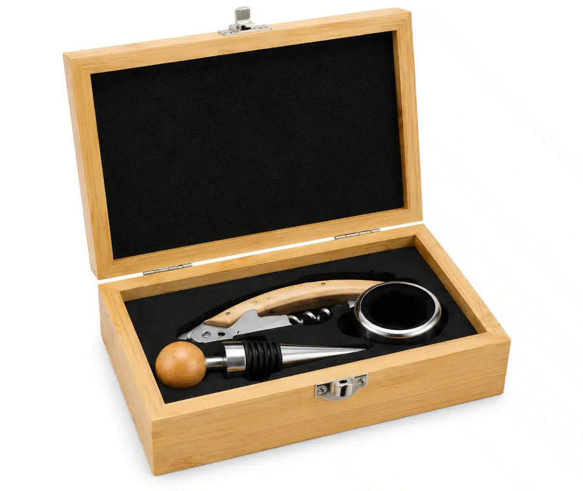 SET DE ACCESORIOS PARA VINO CAJA DE MADEra