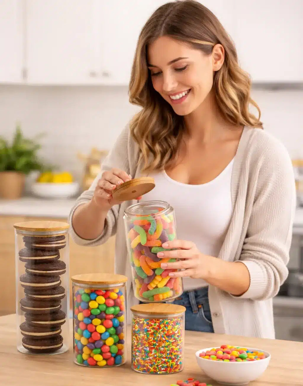 SET FRACOS HERMÉTICOS VIDRIO CON TAPA BAMBÚ X 4 COCINA Y ALMACENAMIENTO 