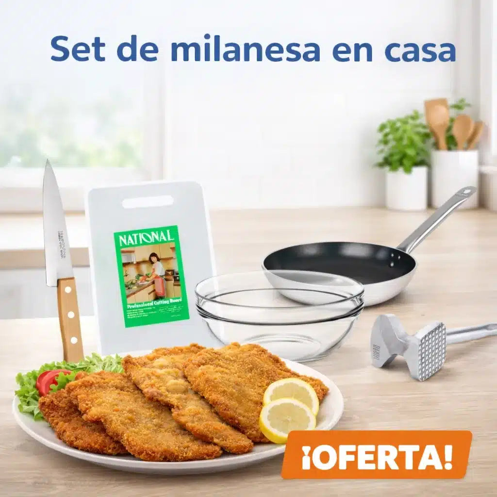 Set para Hacer Milanesas Completo 5 Piezas– Tabla, Martillo, Sartén y Bowl Cocina