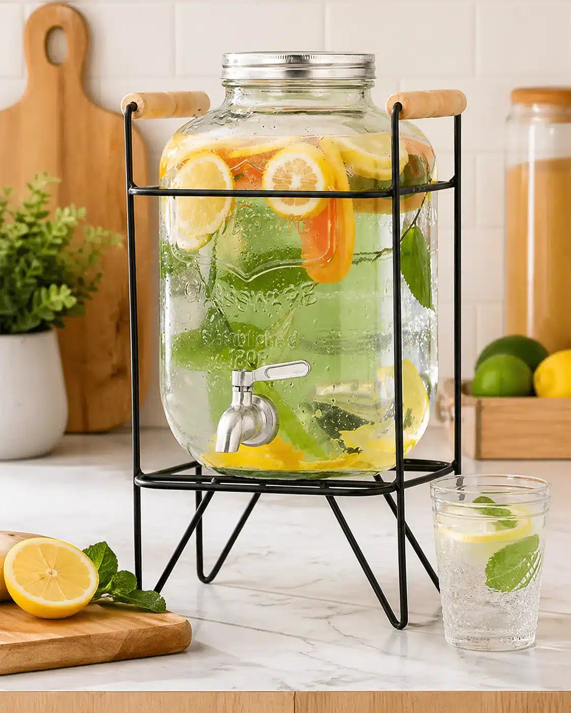 Dispensador de Bebidas con Canilla y Soporte Metálico – Frasco de Vidrio para Jugos y Aguas Saborizadas