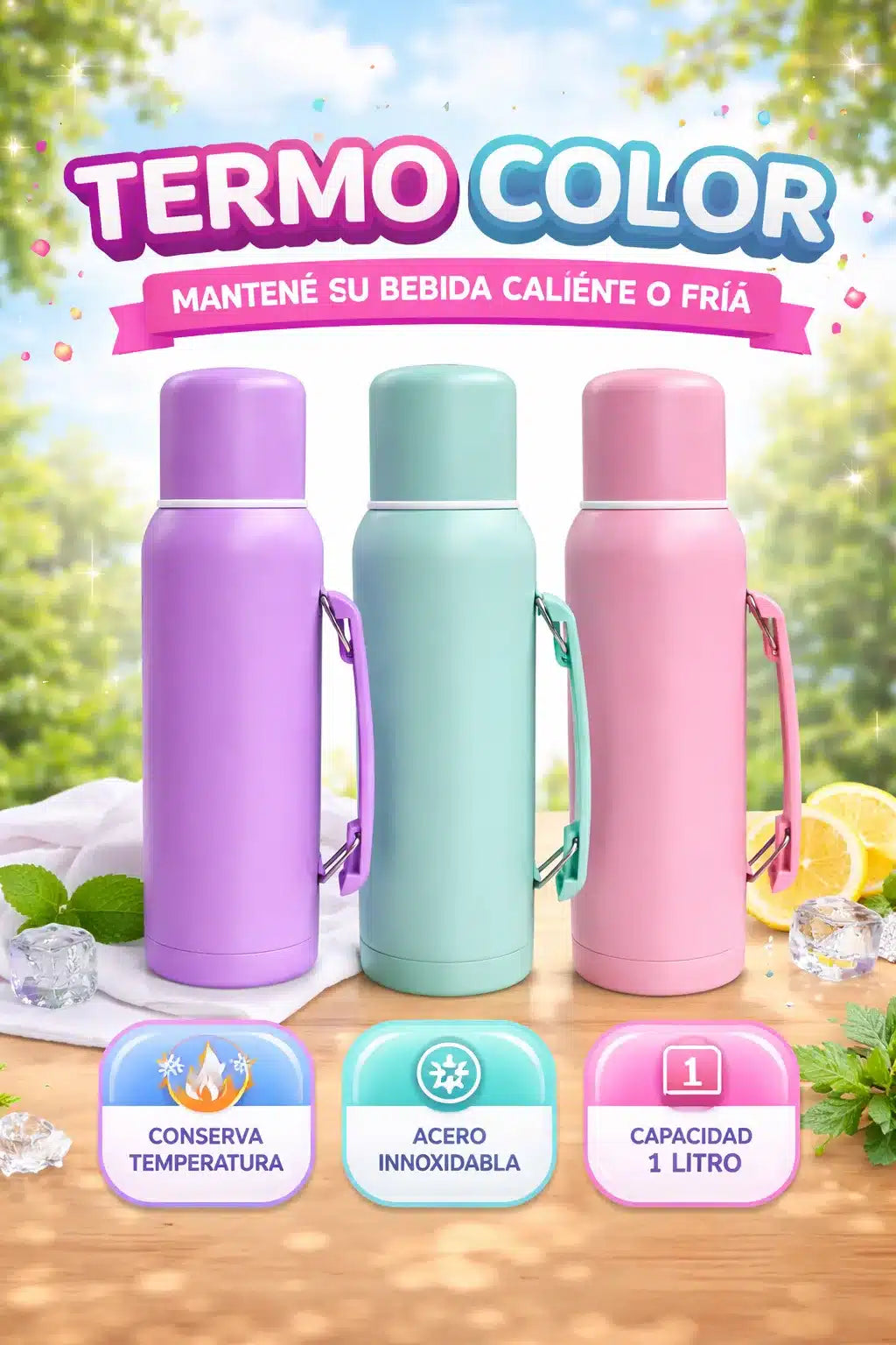 TERMO 1 lITRO ACERO INOX COLORES PASTELES - MANIJA RETRÁCTIL