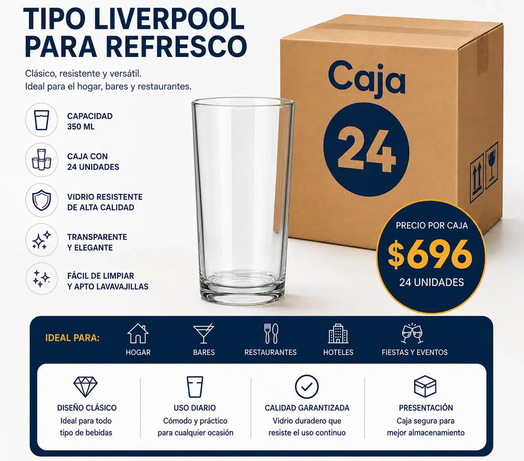 Caja x 24 Vasos Liverpool 350 ml de Vidrio | Vasos para Refresco y Gastronomía