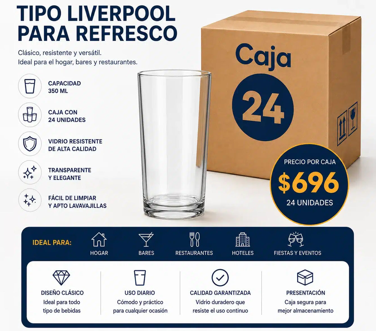 Caja x 24 Vasos Liverpool 350 ml de Vidrio | Vasos para Refresco y Gastronomía