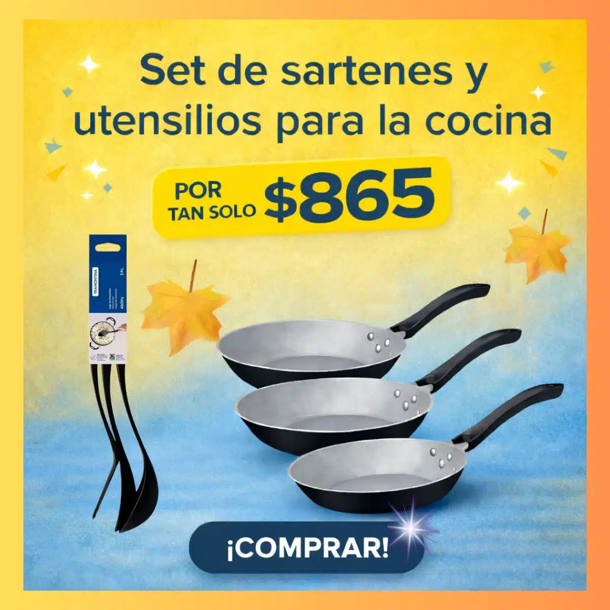 SET DE 3 SARTENES ANTIADHERENTES + UTENSILIOS DE COCINA NYLON |KIT  COMPLETO TRAMONTINA