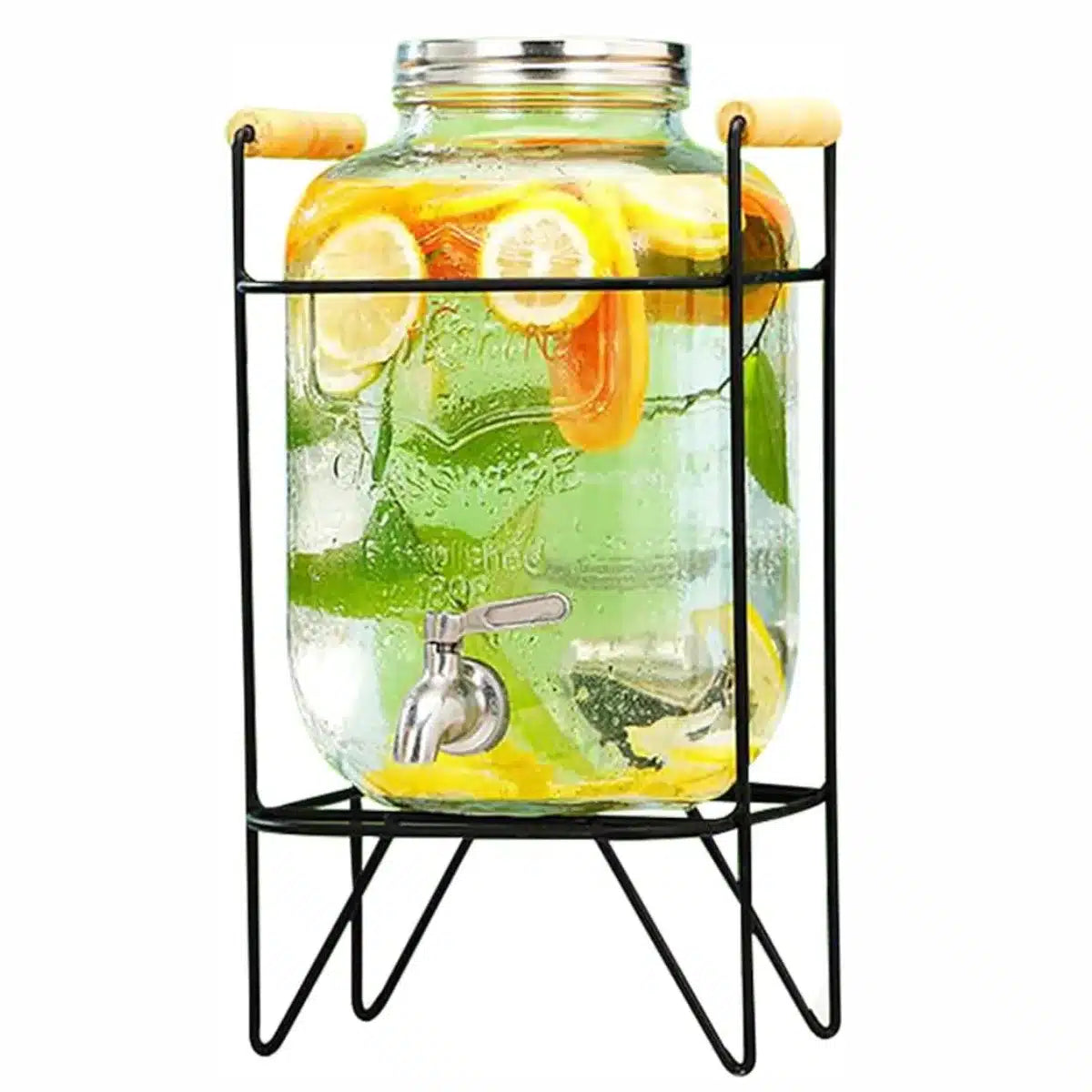Dispensador de Bebidas con Canilla y Soporte Metálico – Frasco de Vidrio para Jugos y Aguas Saborizadas