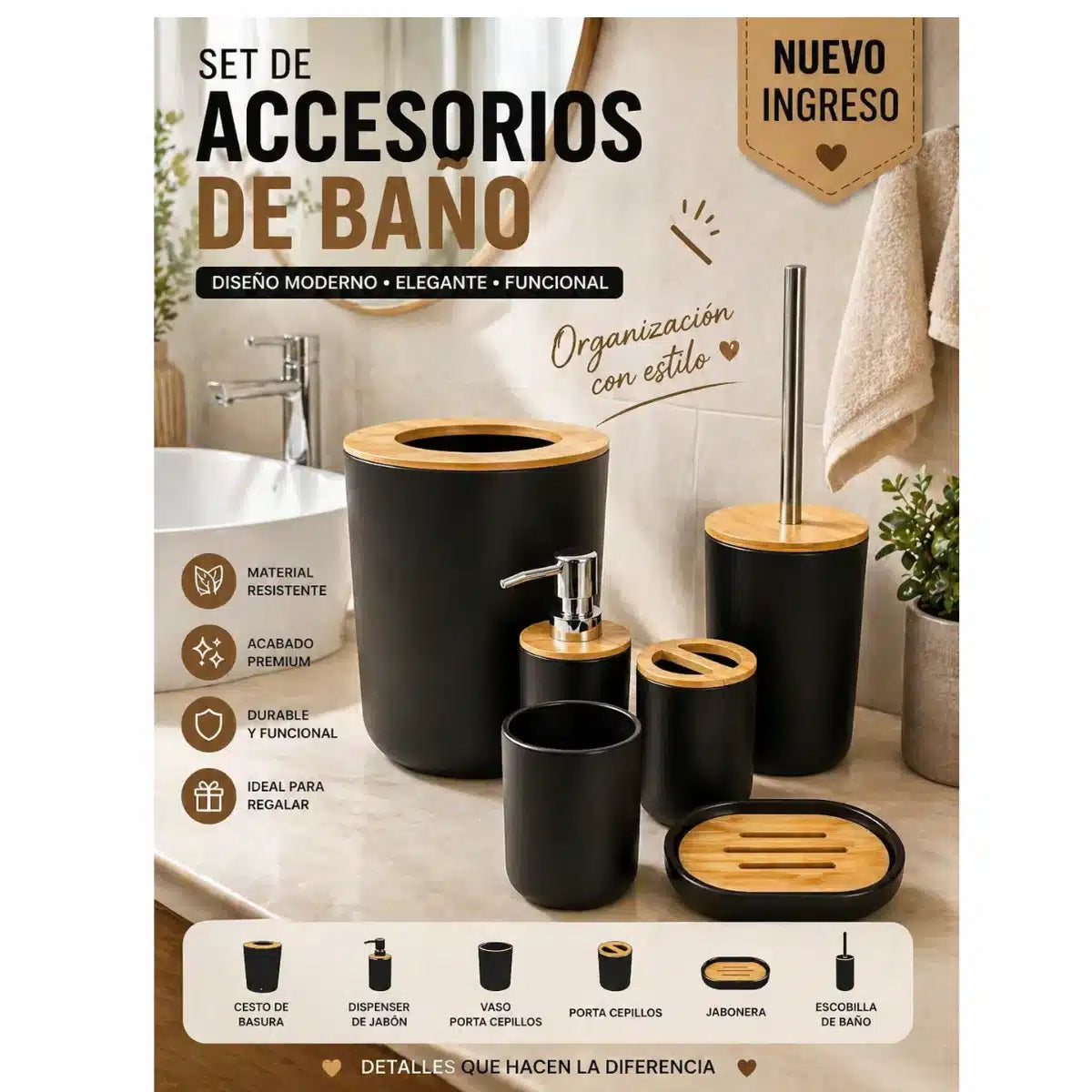 SET DE BAÑO CON DETALLES EN BAMBÚ-KIT COMPLETO MODERNO Y ELEGANTE