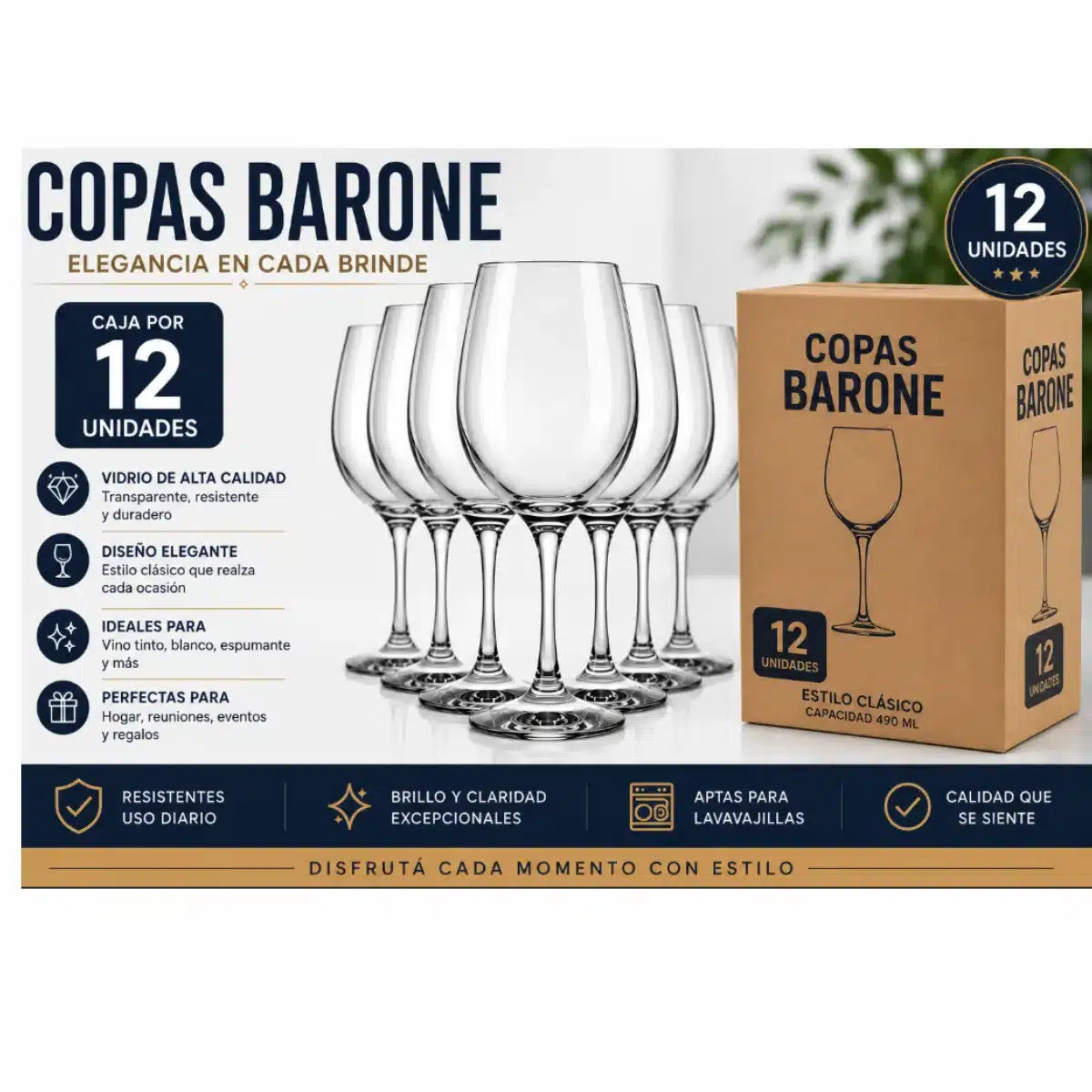 Juego Copas Barone 490 ml Caja x 12 Vidrio Premium para Vino