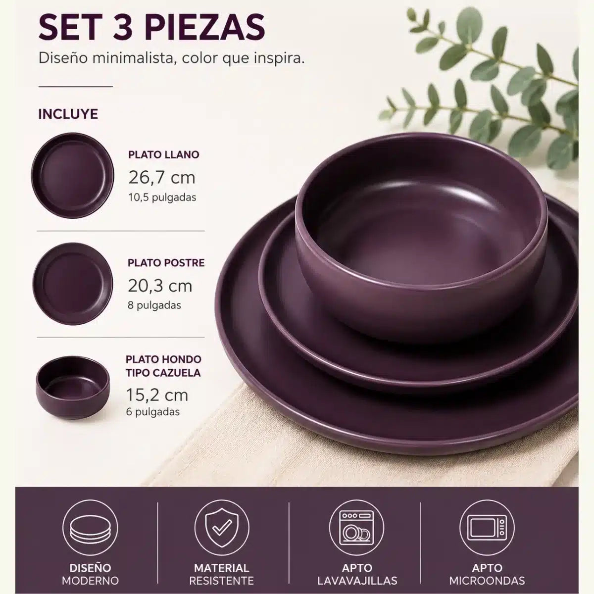 Set de Vajilla 3 Piezas Cerámica Color vino | Plato Llano, Plato Postre y Cazuela