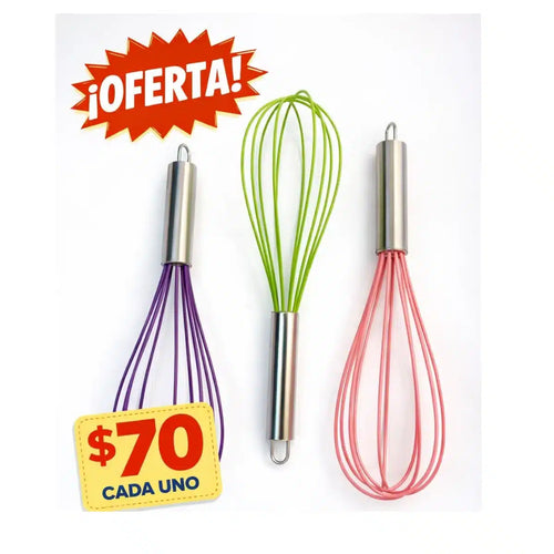 BATIDOR MANUAL COCINA ACERO INOXIDABLE CON SILICONA COLORES 29 CM