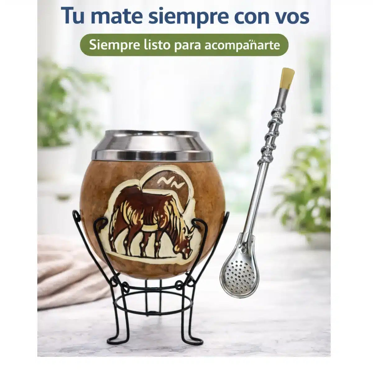 SET DE MATE DE CALABAZA ARTESANAL GRABADO CON SOPORTE Y BOMBILLA DE BRONCE