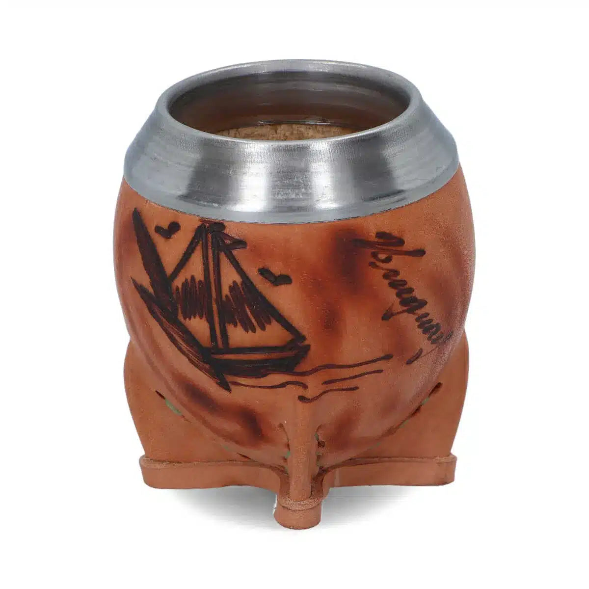 MATE DE CALABAZA EN CUERO PIROGRABADO