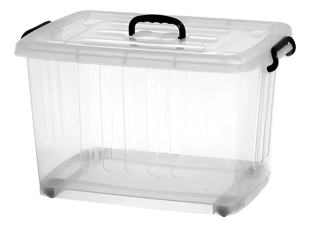 CAJA ORGANIZADORA PLÁSTICA 49 CM X 29 CM TRANSPARENTE CON TAPA Y MANIJAS | MULTIUSO HOGAR