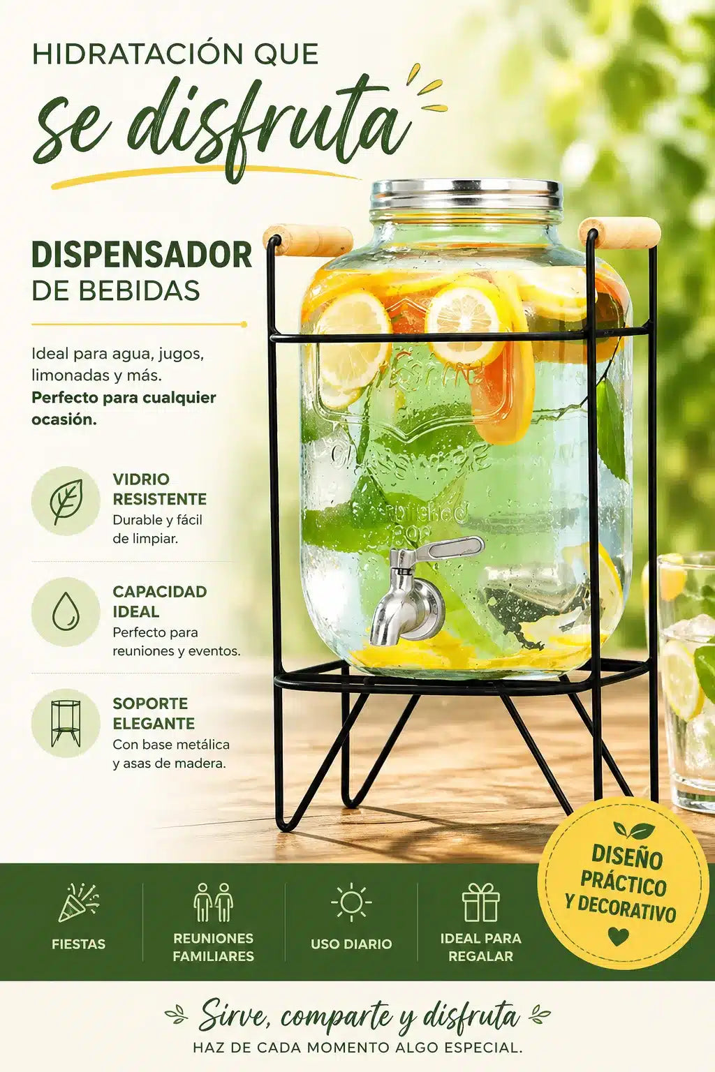 Dispensador de Bebidas con Canilla y Soporte Metálico – Frasco de Vidrio para Jugos y Aguas Saborizadas