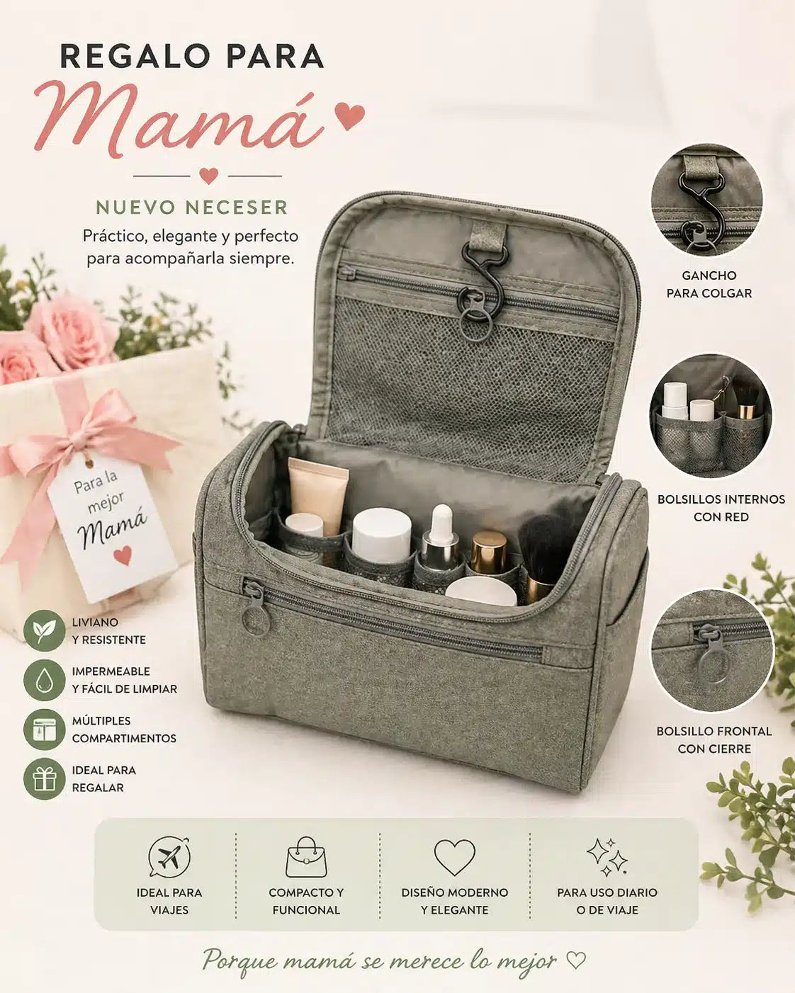 Neceser Organizador para Mujer – Regalo para Mamá | Compacto, Impermeable y Multifunción