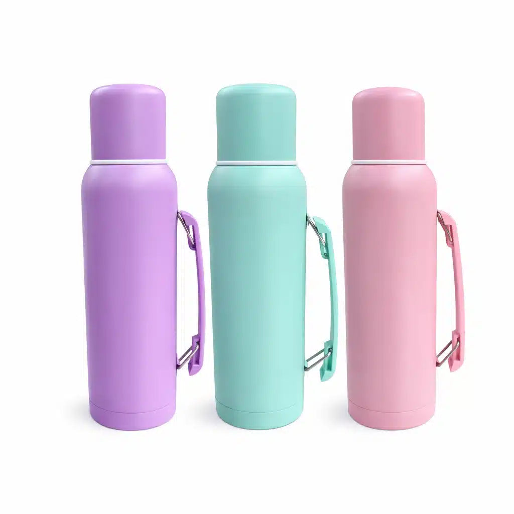 TERMO 1 lITRO ACERO INOX COLORES PASTELES - MANIJA RETRÁCTIL