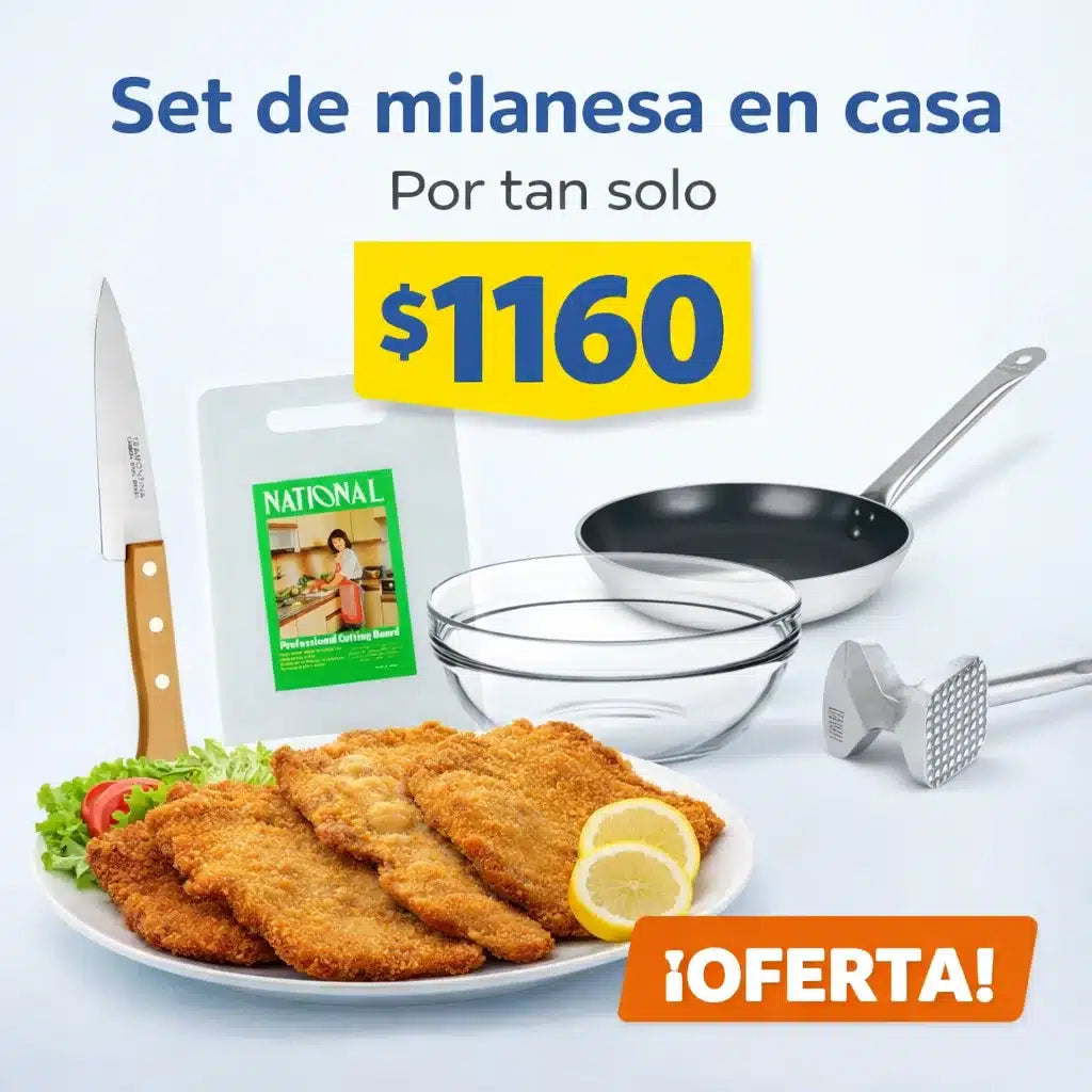 Set para Hacer Milanesas Completo 5 Piezas– Tabla, Martillo, Sartén y Bowl Cocina